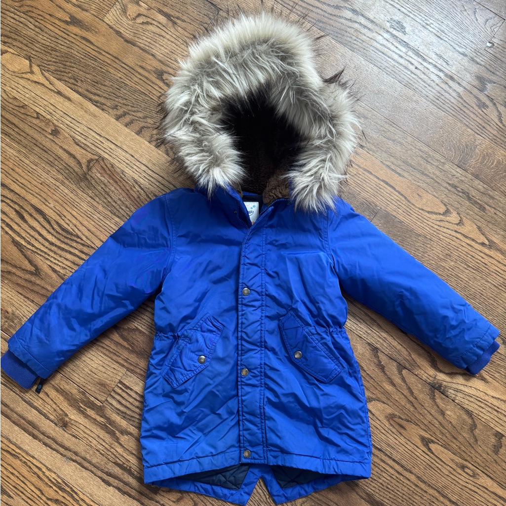 J.Crew Kids Blue Hooded Parka Coat With Faux Fur Lining, Size S, Primaloft